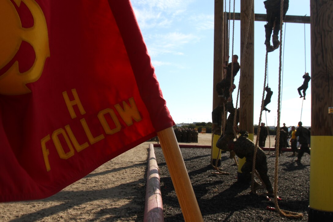 The guide on for follow series, Company H, 2nd Recruit Training Battalion, marked the field for the series as recruits completed the obstacle course twice aboard Marine Corps Recruit Depot San Diego Nov. 1.