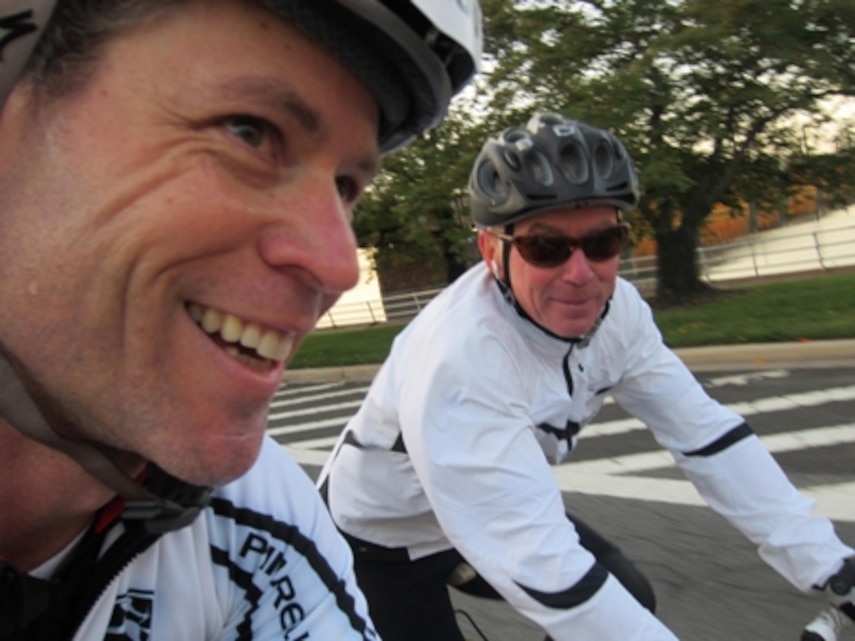 WASHINGTON, D.C.-John Wahl (left), Procurement Contracting Officer with Global Combat Support System - Marine Corps, and his friend, Paul Curley, a 58-year-old Bostonian who holds the National Championship 2012 title for Cyclocross racing, pedaled 100 miles in more than four hours in October to raise almost $1,000 for the Third Annual Audi Best Buddies Challenge in Washington, D.C. , Wahl photo, 10/19/2012 8:00 PM