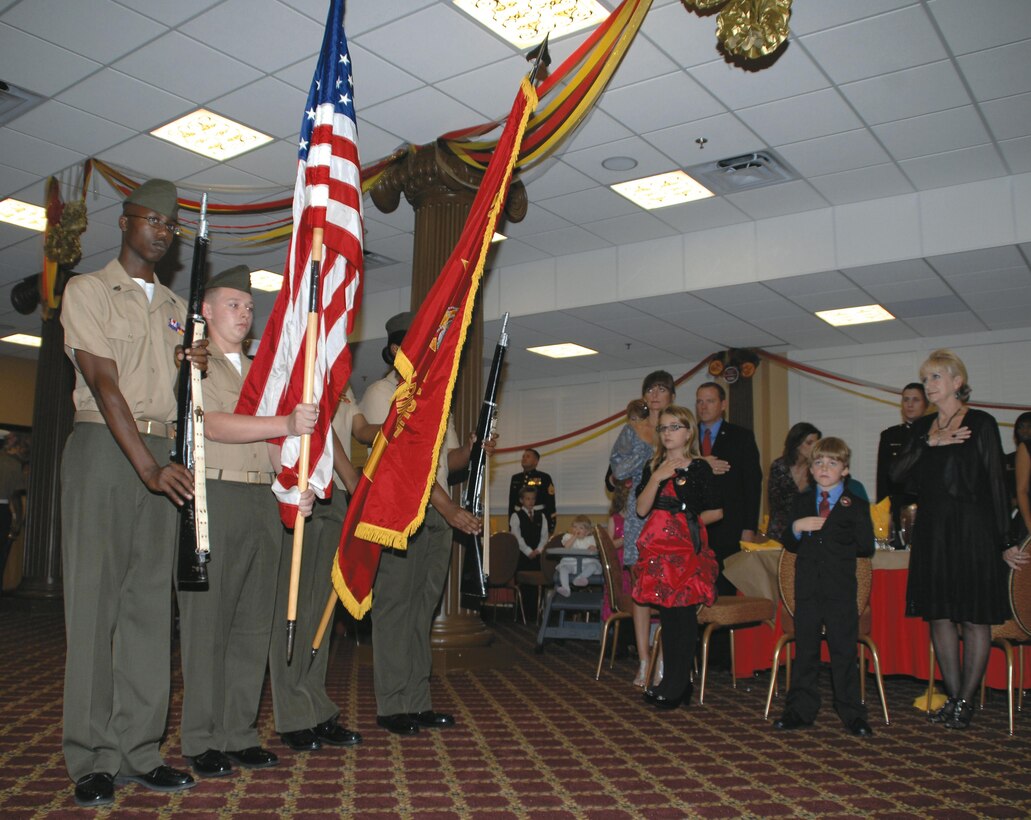 The Albany Young Marines present the colors during the Kids’ Marine Corps Birthday Ball at Marine Corps Logistics Base Albany's Town and Country Restaurant's Grand Ballroom, Nov. 3.