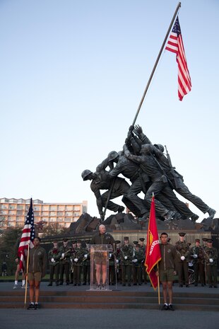 Sergeant Major of the Marine Corps Micheal Barrett addresses Marines during the Headquarters Marine Corps Birthday Run at the Marine Corps War Memorial Nov. 9. The run commemorated the 237th Marine Corps birthday and featured Assistant Secretary of the Navy Juan M. Garcia as the keynote speaker. 	