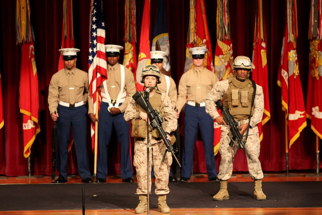 Camp Pendleton Marines display the evolution of Marine uniforms with each time period, talking about significant combat operations dating back to the Corps’ foundation in 1775.