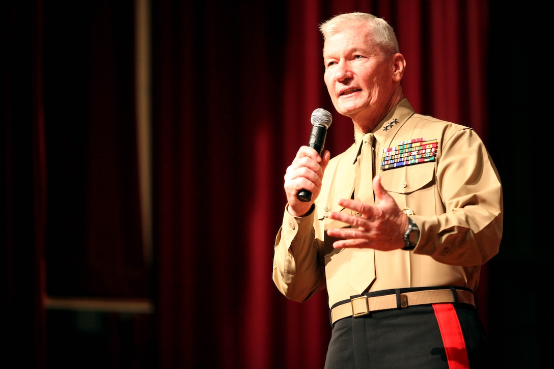 Gen. John A. Toolan Jr., the commanding general of I Marine Expeditionary Force speaks during Camp Pendleton’s 2012 Birthday Pageant at the base theater here Nov. 9.