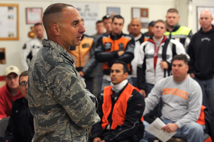 Col. Anthony Davit, 820th RED HORSE Squadron commander, briefs the importance of motorcycle safety to Airmen and civilians during the motorcycle mentorship safety course Nov. 09, 2012, at Nellis Air Force Base, Nev. Air Force leadership emphasizes the important of motorcycle safety to reduce the number of injuries and fatalities. (U.S. Air Force photo by Staff Sgt. William P. Coleman)
  

