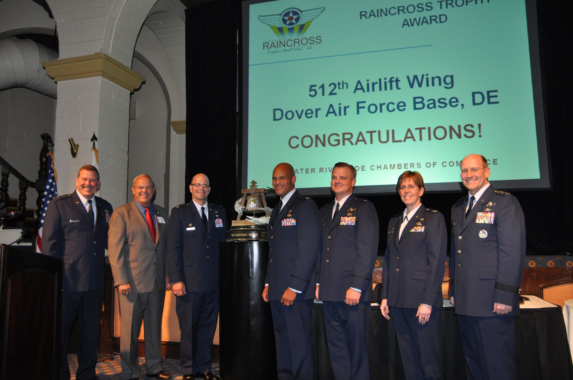 Maj. Gen. Mark A. Kyle (left), 4th Air Force commander, and Lt. Gen. James F. Jackson (right), Air Force Reserve Command commander, join a representative from the Greater Riverside Chambers of Commerce for the presentation of the 2011 Raincross Trophy Nov. 7, 2012, to senior leaders from the 512th Airlift Wing, Dover Air Force Base, Del., as part of the 4th Air Force Senior Leaders Conference in Riverside, Calif.  The 512th AW was selected from 18 units for this award. (U.S. Air Force photo)