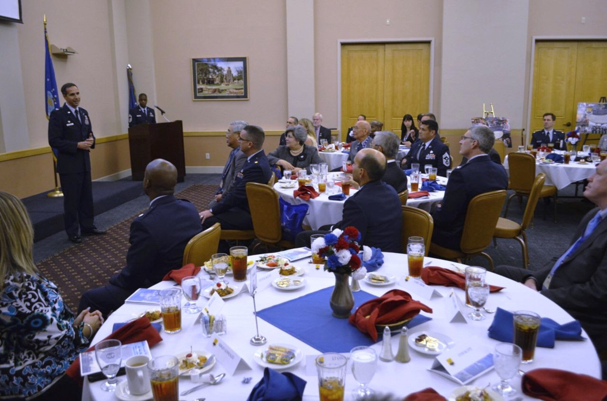 Col. Jeffrey T. Pennington addresses newly inducted Honorary Commanders during an induction luncheon on Joint Base San Antonio-Lackland Nov. 3. More than a dozen local area business and community leaders became Honorary Commanders with 433rd Airlift Wing’s commanders. (U.S. Air Force photo by SMSgt Minnie Jones)