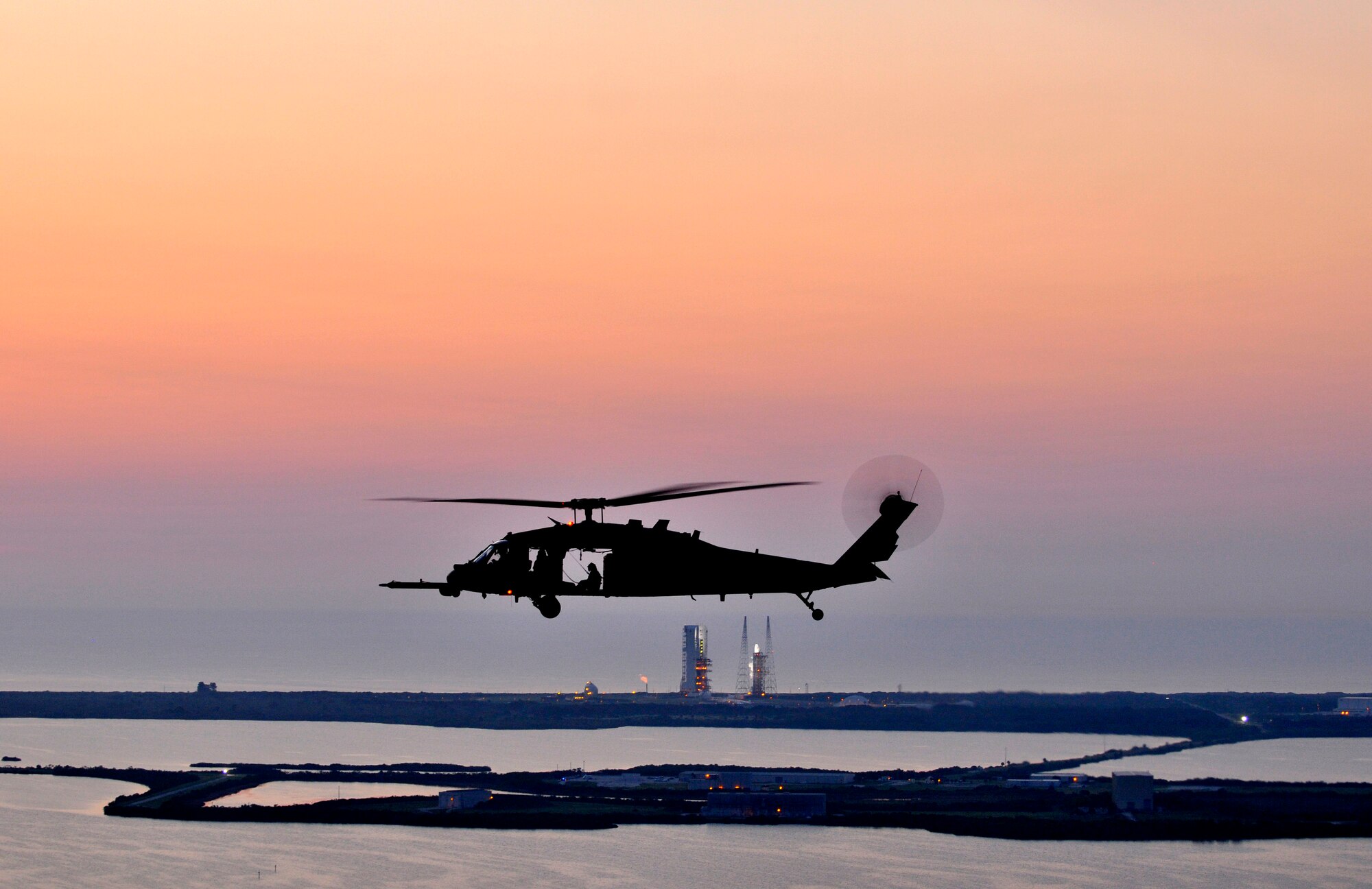 Rescue Airmen from the 920th Rescue Wing, Patrick Air Force Base, Fla., piloted two HH-60G Pave Hawk helicopters, scanning and clearing the beachline and waters that fell within the Eastern Range. The Airmen commenced their mission hours prior to the launch of the Delta-IV Heavy rocket, NROL-15, from Cape Canaveral Air Force Station Fla. which carried a classified load. (U.S. Air Force photo/Tech. Sgt. Peter Dean)