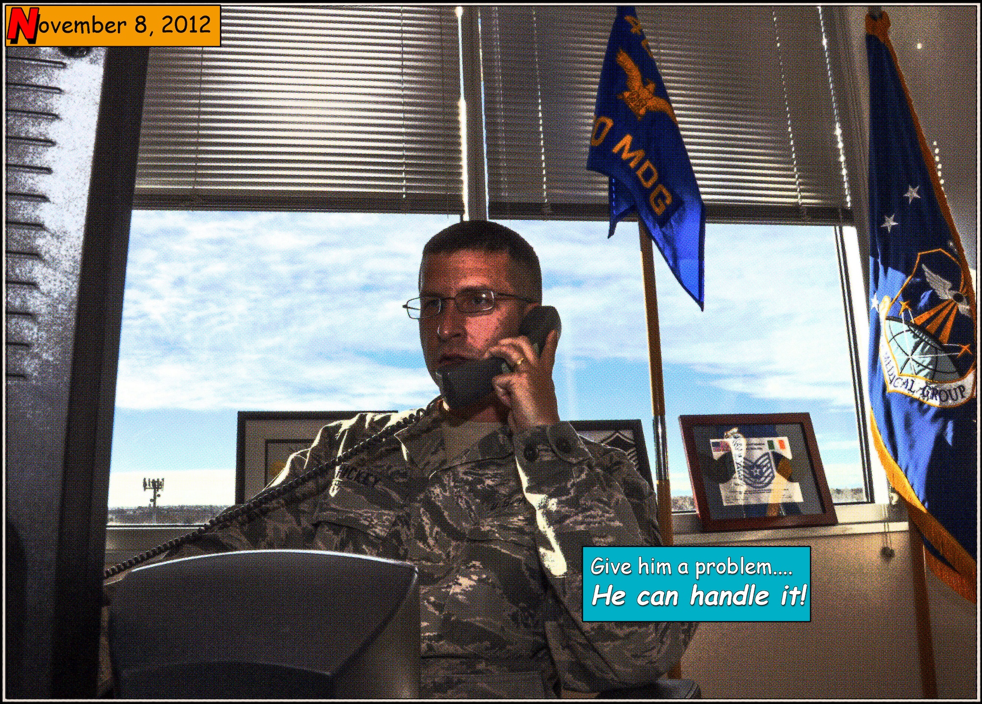 BUCKLEY AIR FORCE BASE, Colo. – Master Sgt. Brian Hickey, 460th Medical Group first sergeant, fields calls Nov. 8, 2012, in his office at the VA Joint Venture Buckley Clinic. A first sergeant ensures the commander’s goals and objectives are known to the enlisted force; support agencies are responsive to Airmen’s needs; and effective discipline creates the highest level of esprit de corps. (U.S. Air Force illustration by Staff Sgt. Nicholas Rau)  