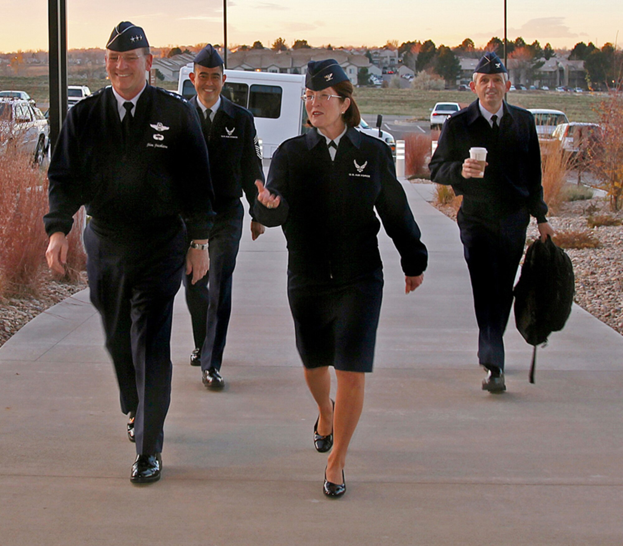 Lt. Gen. James Jackson, Chief of Air Force Reserve and the Air Force Reserve Command commander, meets with Col. Pat Blassie, Air Reserve Personnel Center commander, during his visit here Nov. 9, 2012, on Buckley Air Force Base, Colo. (U.S. Air Force photo/Quinn Jacobson)
