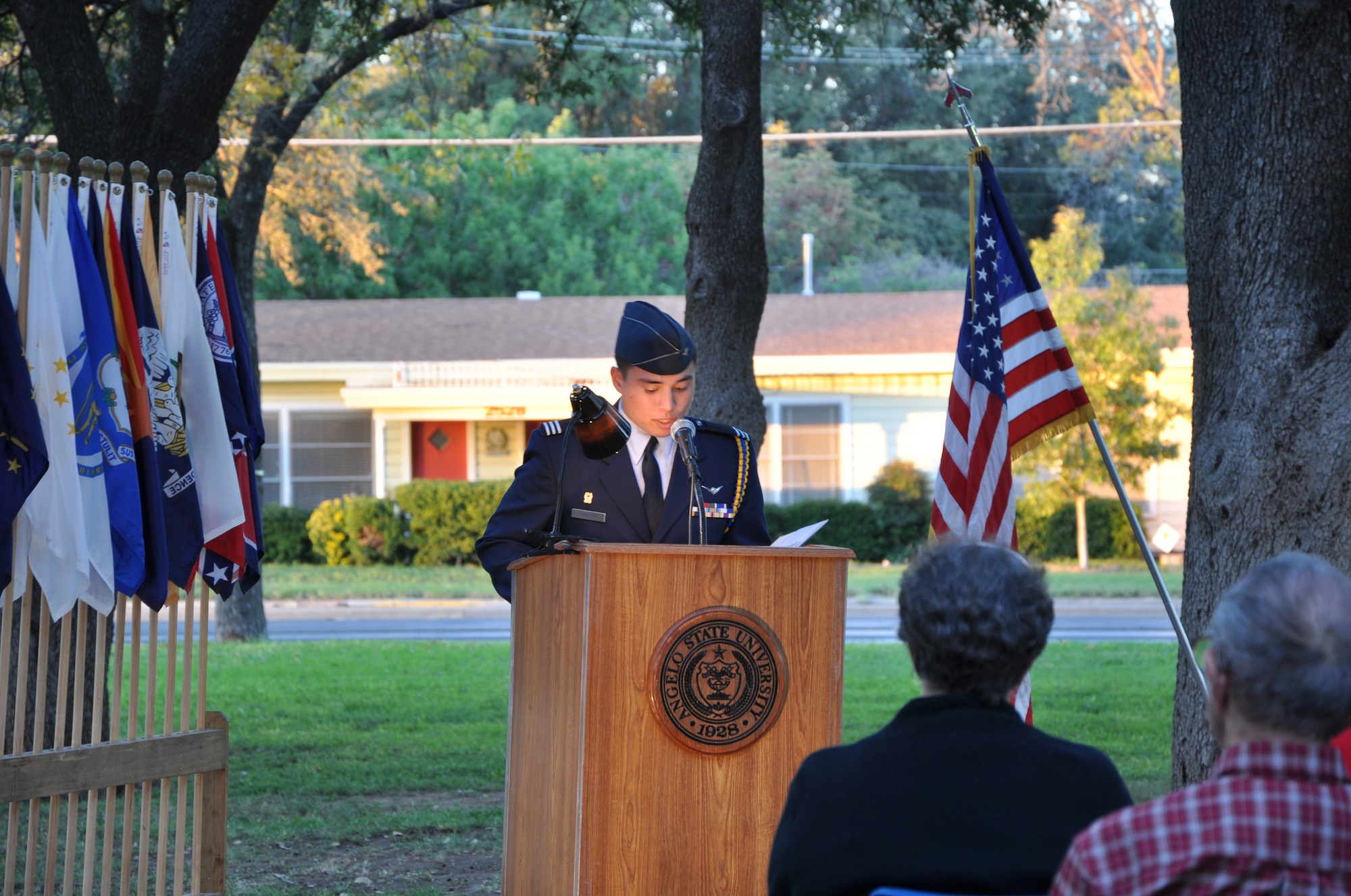 Cadet Major Kenneth Chalupa, Angelo State University student, speaks at the Veteran’s Vigil ceremony held on the ASU campus Nov.7. The vigil was held as a tribute to honor all those who have served and on the memorial are the names of 30 ASU students who gave their lives in the line of duty. (U.S. Air Force photo/ Airman 1st Class Erica Rodriguez)
