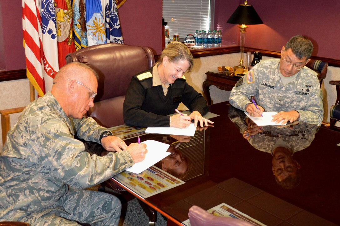 (From left to right) U.S. Air Force Brig. Gen. Daniel Wyman, Air Combat Command command surgeon, U.S. Navy Rear Adm. Elaine C. Wagner, Naval Medical Center commander at Portsmouth, Va., U.S. Army Brig. Gen. Joseph Caravalho, Northern Regional Medical Command commanding general, sign a health-care charter signifying a commitment to optimizing the direct-care system to offer patients better quality care, at Fort Eustis, Va., Nov. 8, 2012. During the meeting, Wagner, Caravalho and Wyman pledged their commitment to providing Service members and their families with quality, affordable care