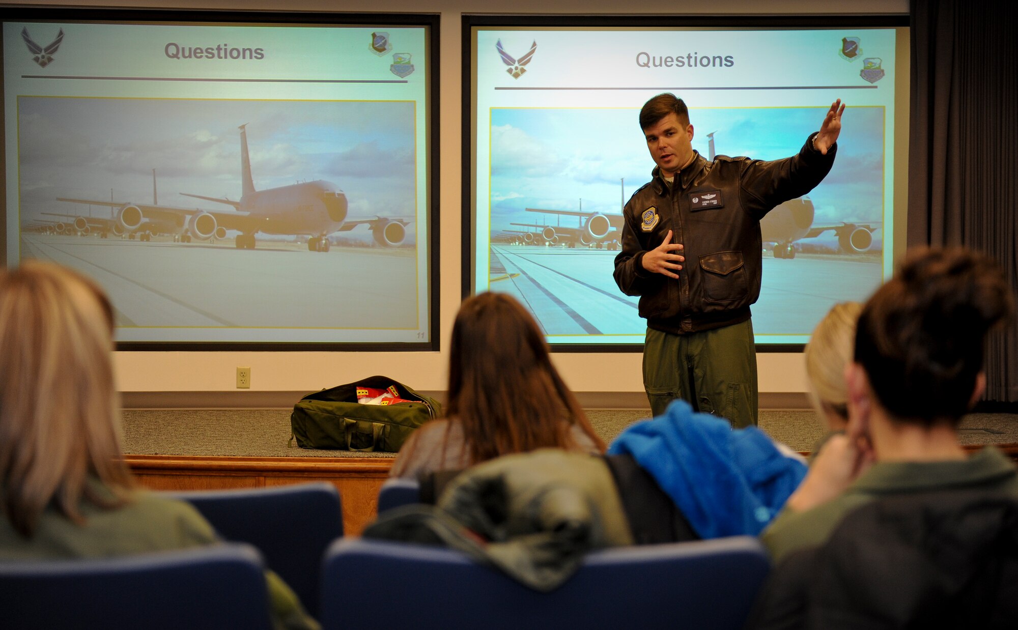 Lt. Col. Patrick O’Brien addresses Fairchild spouses before their orientation flight at Fairchild Air Force Base, Wash., Nov. 7, 2012. Fairchild spouses flew in a KC-135 Stratotanker as part of an ongoing program designed to orient them with what it means to be an Airman here. Participants wore their respective husband’s flight suits adding to the overall realness of the experience. (U.S. Air Force photo by Senior Airman Benjamin Stratton)