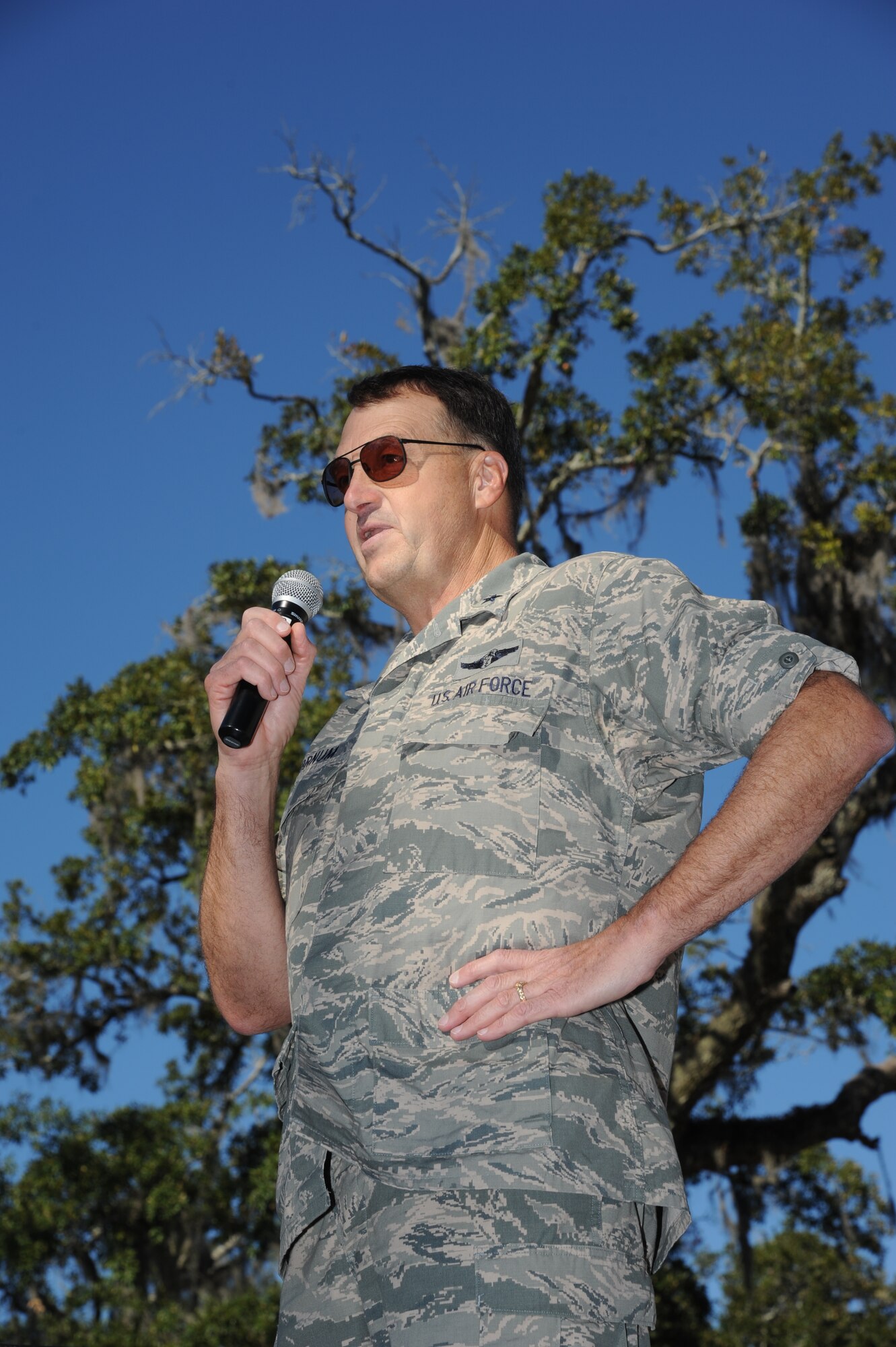 Brig. Gen. Kory Cornum, 81st Medical Group commander, provides comments on the consolidated unit inspection “Excellent” rating received by the wing while recognizing outstanding performers at the CUI celebration picnic Nov. 7, 2012, at the Marina Park, Keesler Air Force Base, Miss.  (U.S. Air Force photo by Kemberly Groue)