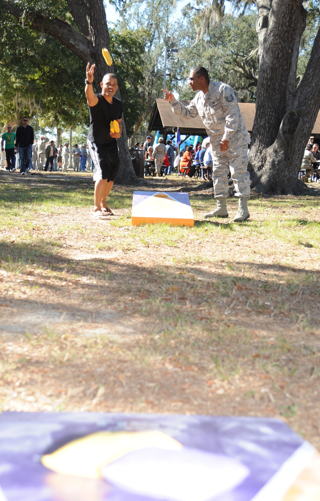 Tech. Sgts. Carl Byrd, 81st Training Support Squadron, and Lewis Strong, 81st Training Group, play a game of beanbag toss at the consolidated unit inspection celebration picnic Nov. 7, 2012, at the Marina Park, Keesler Air Force Base, Miss.  (U.S. Air Force photo by Kemberly Groue)