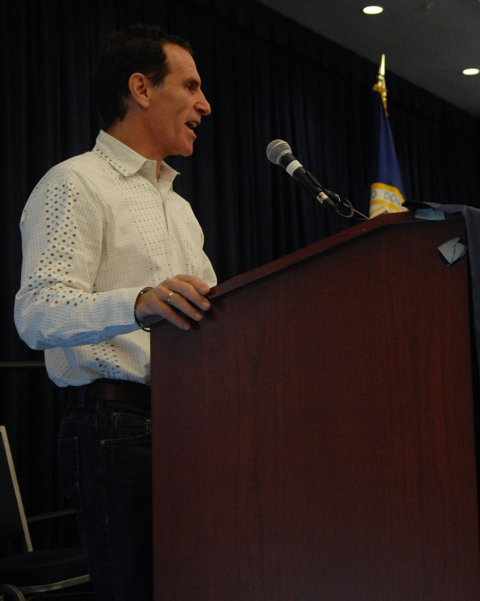 Trevor Romain, an author and counselor specializing in children’s care, speaks Norfolk, Va., Nov. 1, regarding his experience with children who lost loved ones in. His experiences gave caretakers and educators an idea of what they might see from children with similar stories. (U.S. Air Force Photo by Airman 1st Class Austin Harvill/Released)