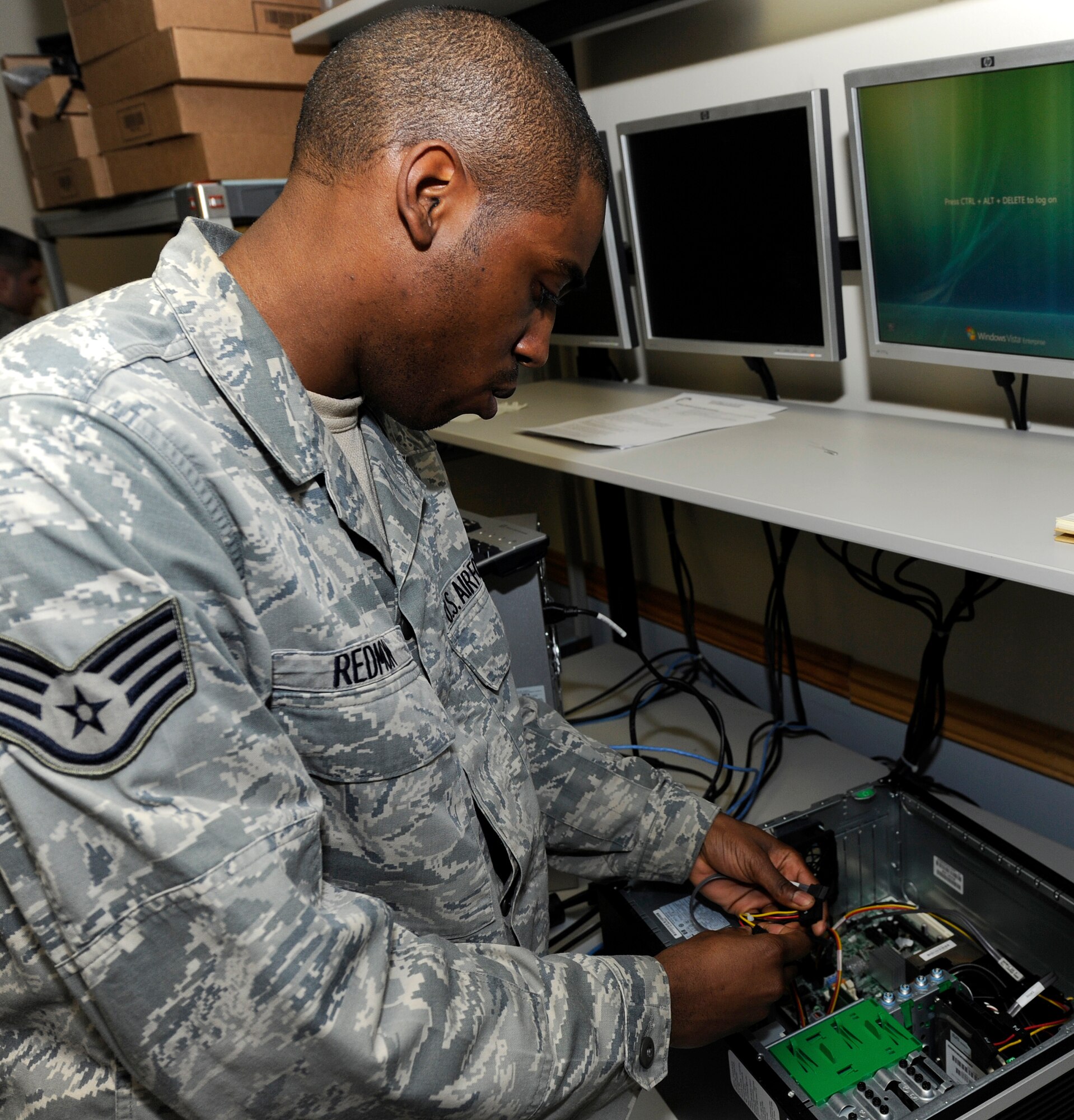 Staff Sgt. Albert Redmon, 92nd Communications Squadron NCO in charge client systems team, has been selected as a member of Team Fairchild's elite, Fairchild's Finest at Fairchild Air Force Base, Wash. (U.S. Air Force photo by Airman 1st Class Ryan Zeski)
