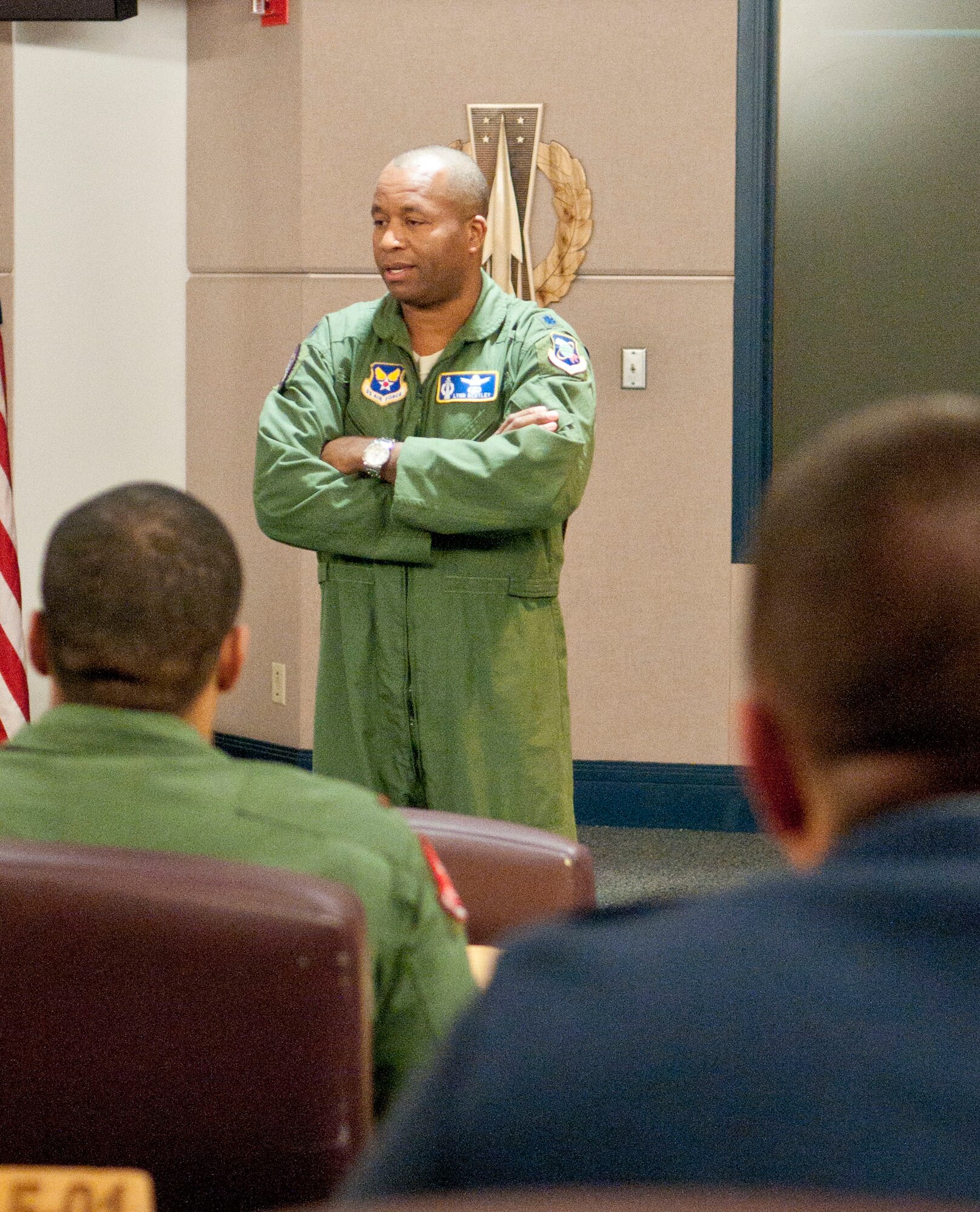 Lt. Col. Lynn Bentley, Air Force Technical Applications Center Radar Operations Division chief, speaks to 90th Missile Wing missileers about AFTAC career opportunities Nov. 5 in the 90th Operations Group. (U.S. Air Force photo by Airman 1st Class Jason Wiese)