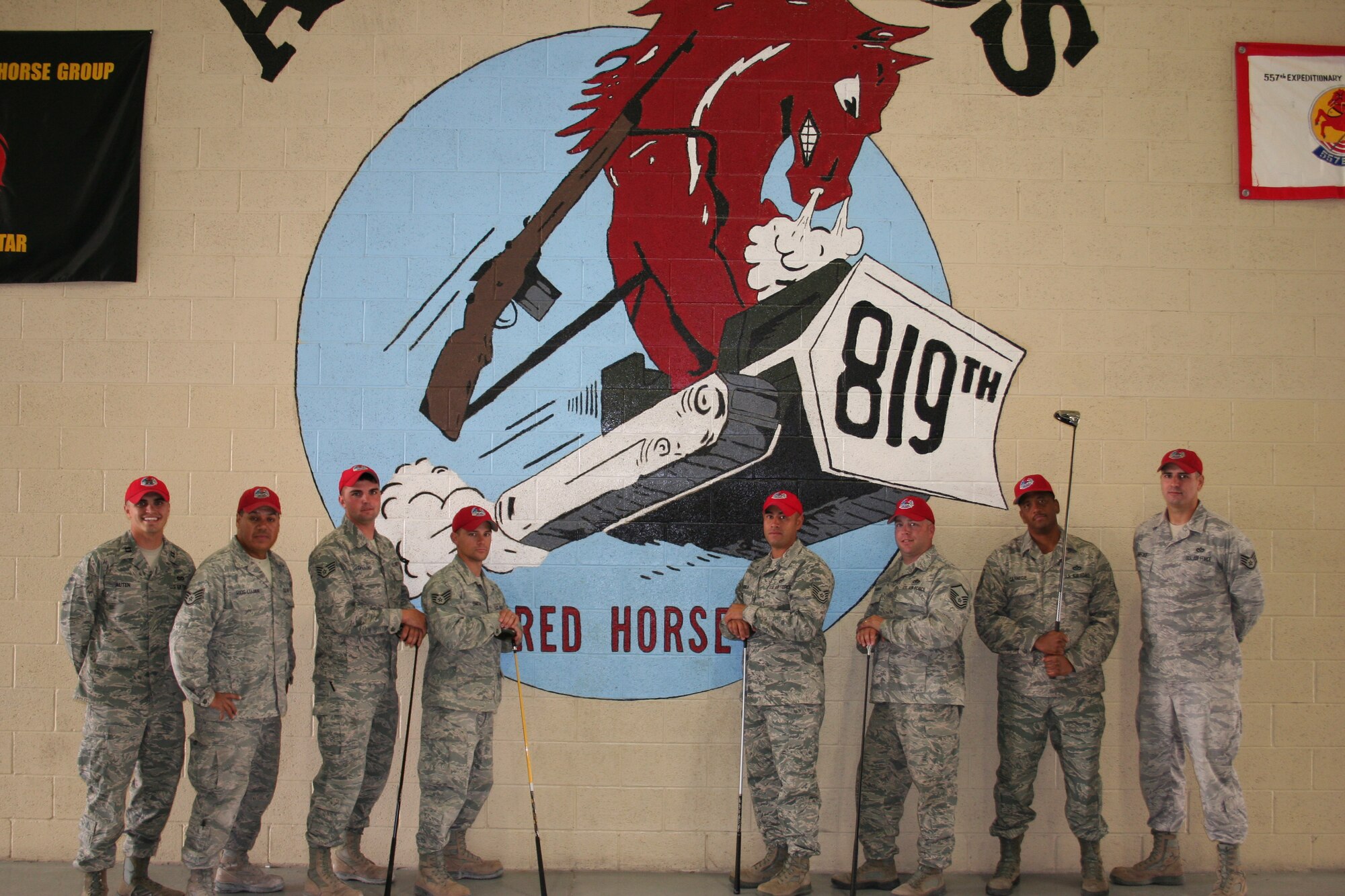 Members of the 819th RED HORSE Squadron were recently recognized as the champions of the 2012 intramural golf league at Malmstrom Air Force Base. Pictured from left to right are Capt. Graham Auten, Staff Sgt. Efrain RiosLujan, Staff Sgt. Nate Dilling, Staff Sgt. James Smith, Tech. Sgt. Henry Ayala, Master Sgt. Eric Johnson, Master Sgt. Darren Carnegie, and Staff Sgt. Alvin Muecke. Not pictured: Master Sgt. Lance Blocher, Col. Mark Zimmerhanzel, Tech. Sgt. Terry McNeil, Master Sgt. Kerry Parsons, Senior Airman Joshua Byers and Senior Airman Andrew Tucker. (U.S. Air Force courtesy photo)
