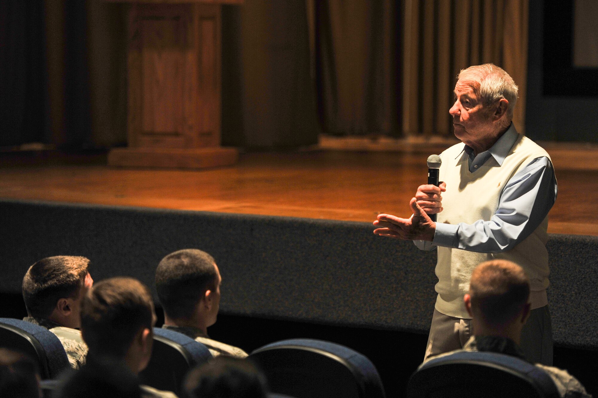 GOODFELLOW AIR FORCE BASE, Texas-- Retired Chief Master Sgt. Robert Gaylor, the fifth Chief Master Sergeant of the Air Force, speaks with Team Goodfellow NCO’s at the base theater Nov. 07, 2012. Chief Gaylor shared his insight about the Air Force, both past and present, and how becoming a supervisor was one his toughest task. (U.S. Air Force photo/Airman 1st Class Michael Smith)