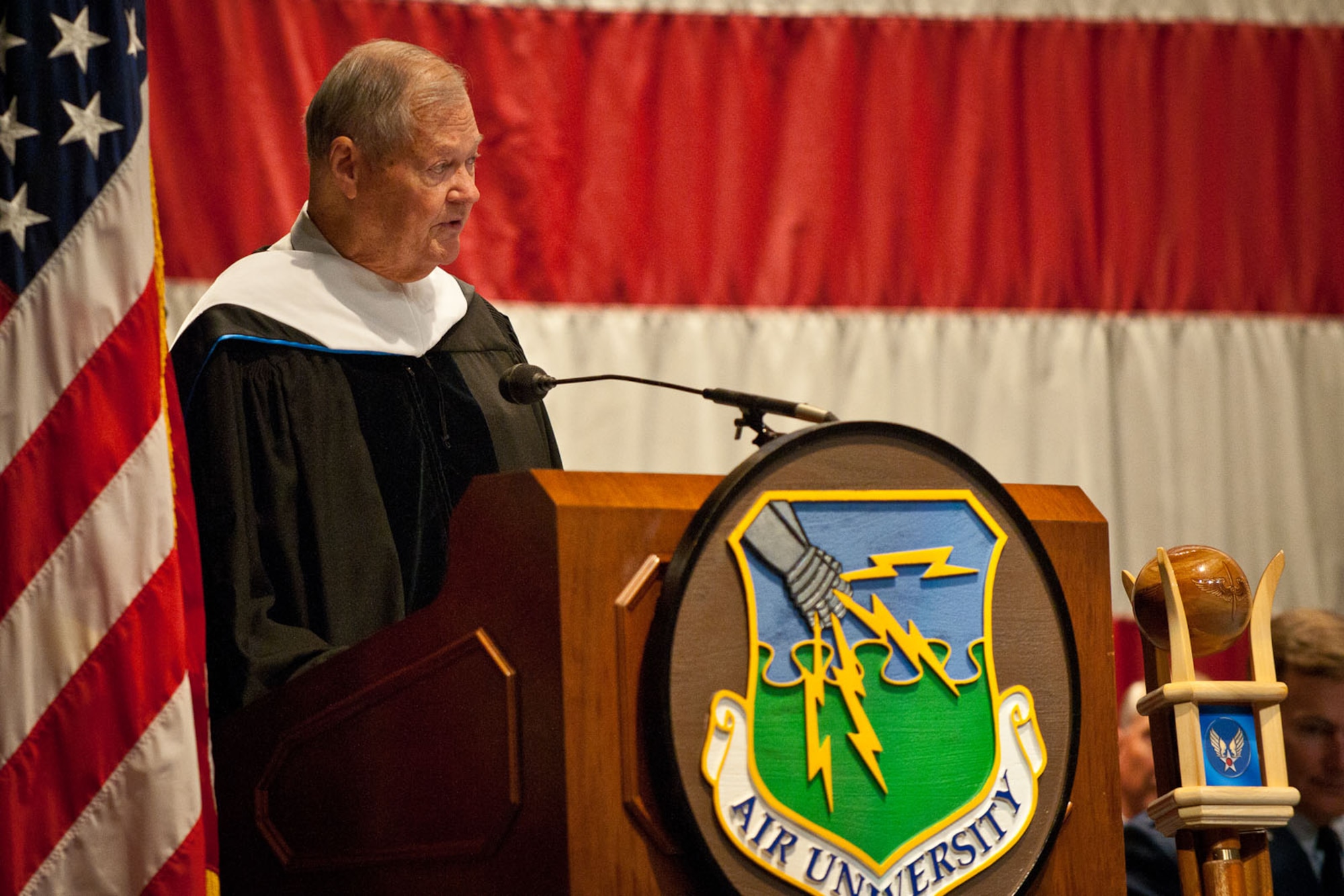 The Honorable Isaac N. Skelton IV, former U.S. Representative from Missouri and chairman of the House Armed Services Committee speaks to attendees after being awarded The Doctor of Law, Honoris Causa by The Air University. Ceremony was held Monday, 5 Nov 2012 in Polifka Auditorium on the campus of Squadron Officer College located on Maxwell Air Force Base, Montgomery, Ala. (U.S. Air Force photo by Donna L. Burnett)