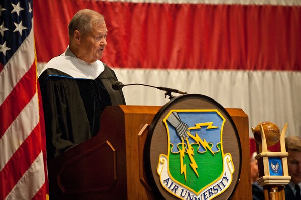The Honorable Isaac N. Skelton IV, former U.S. Representative from Missouri and chairman of the House Armed Services Committee speaks to attendees after being awarded The Doctor of Law, Honoris Causa by The Air University. Ceremony was held Monday, 5 Nov 2012 in Polifka Auditorium on the campus of Squadron Officer College located on Maxwell Air Force Base, Montgomery, Ala. (U.S. Air Force photo by Donna L. Burnett)