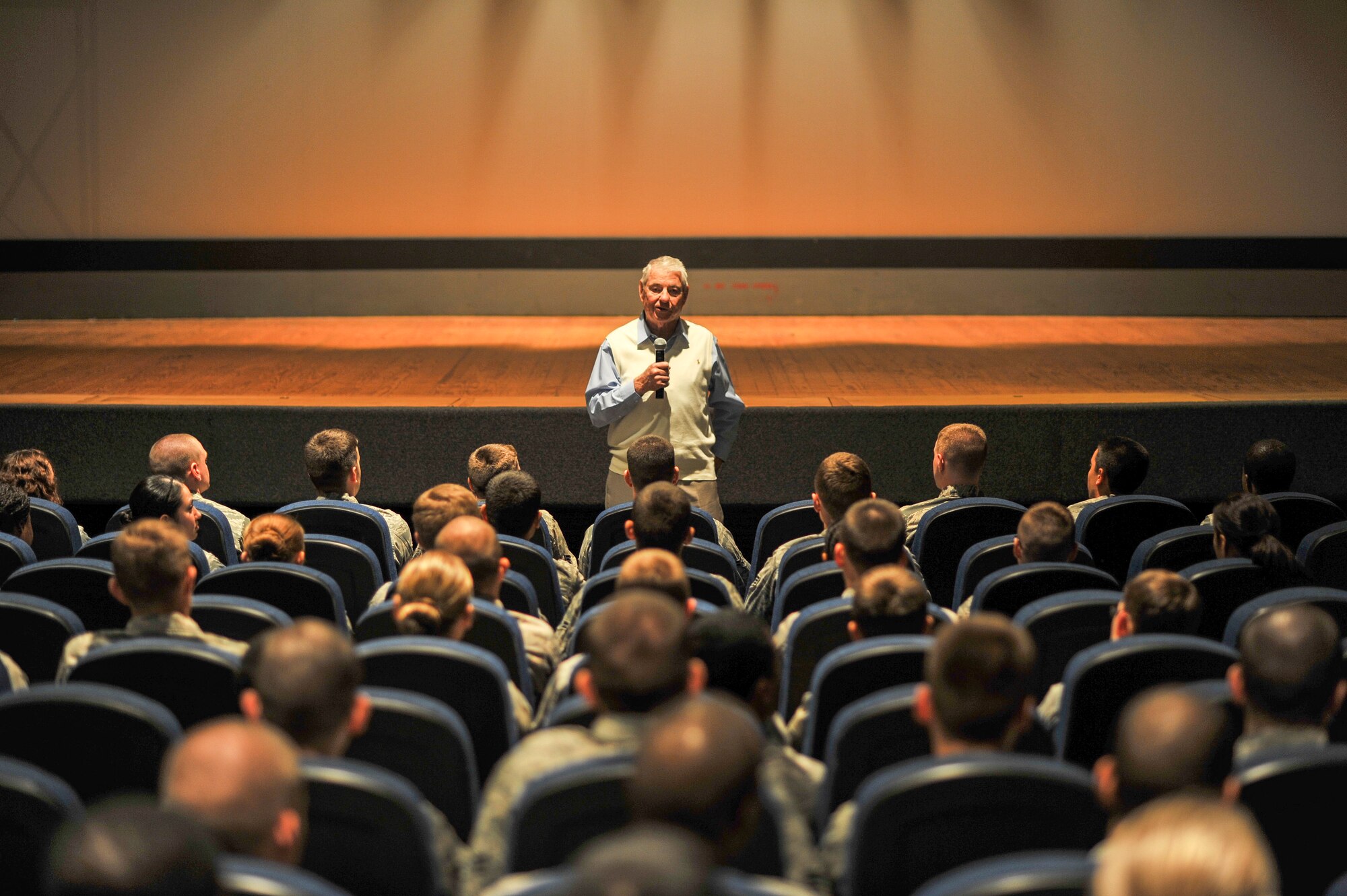 GOODFELLOW AIR FORCE BASE, Texas-- Retired Chief Master Sgt. Robert Gaylor, the fifth Chief Master Sergeant of the Air Force, speaks with Team Goodfellow Airmen at the base theater Nov. 07, 2012. Chief Gaylor shared his insight about the Air Force, both past and present, and reflected on how his experiences as a young airman helped shaped his career. (U.S. Air Force photo/Airman 1st Class Michael Smith)