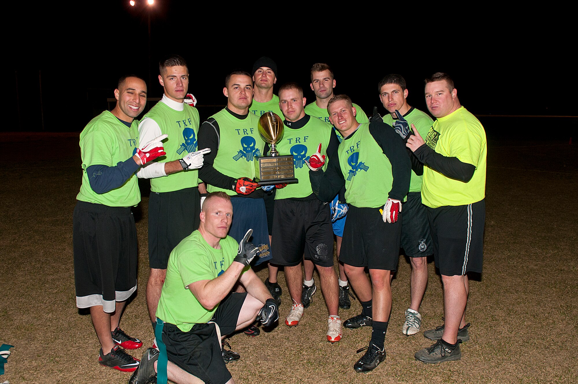 The Tactical Response Force flag football team poses with their trophy after winning the F. E. Warren flag football championship Nov. 2. (U.S. Air Force photo by R.J. Oriez)