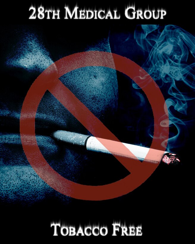 ELLSWORTH AIR FORCE BASE, S.D. – The 28th Medical Group will be designated a tobacco-free campus beginning Nov. 9, in light of the recently updated Air Force Instruction 40-102, Tobacco Use in the Air Force. The facilities impacted by the change include: the 28th MDG Clinic, Veterinary Clinic and the Health and Wellness Center. In addition to the facilities themselves, all surrounding parking lots and walkways are also tobacco-free areas.  The closest location for any tobacco user using those service areas is an enclosed shelter located between the Air Force Financial Services Center and the base Exchange. (U.S. Air Force photo illustration by Airman 1st Class Zachary Hada/Released)