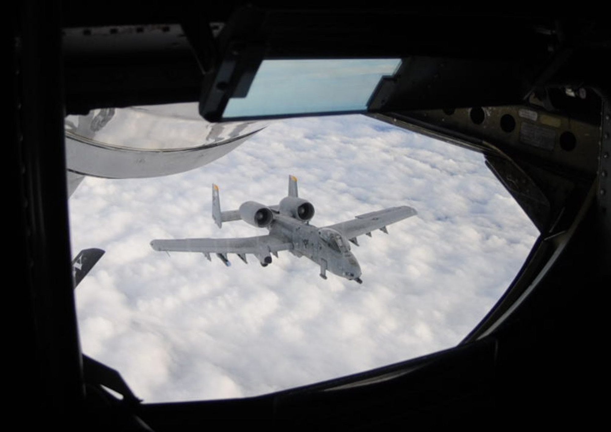 An A-10 Thunderbolt II from Spangdahlem Air Base, Germany, flies in to receive fuel from a KC-135 Stratotanker from the 100th Air Refueling Wing, RAF Mildenhall, England, Nov. 8, 2012 over Germany.  The 100th ARW refuels aircraft throughout Europe, Africa and Southwest Asia. (U. S. Air Force photo by Tech. Sgt. Latisha Cole/Released)