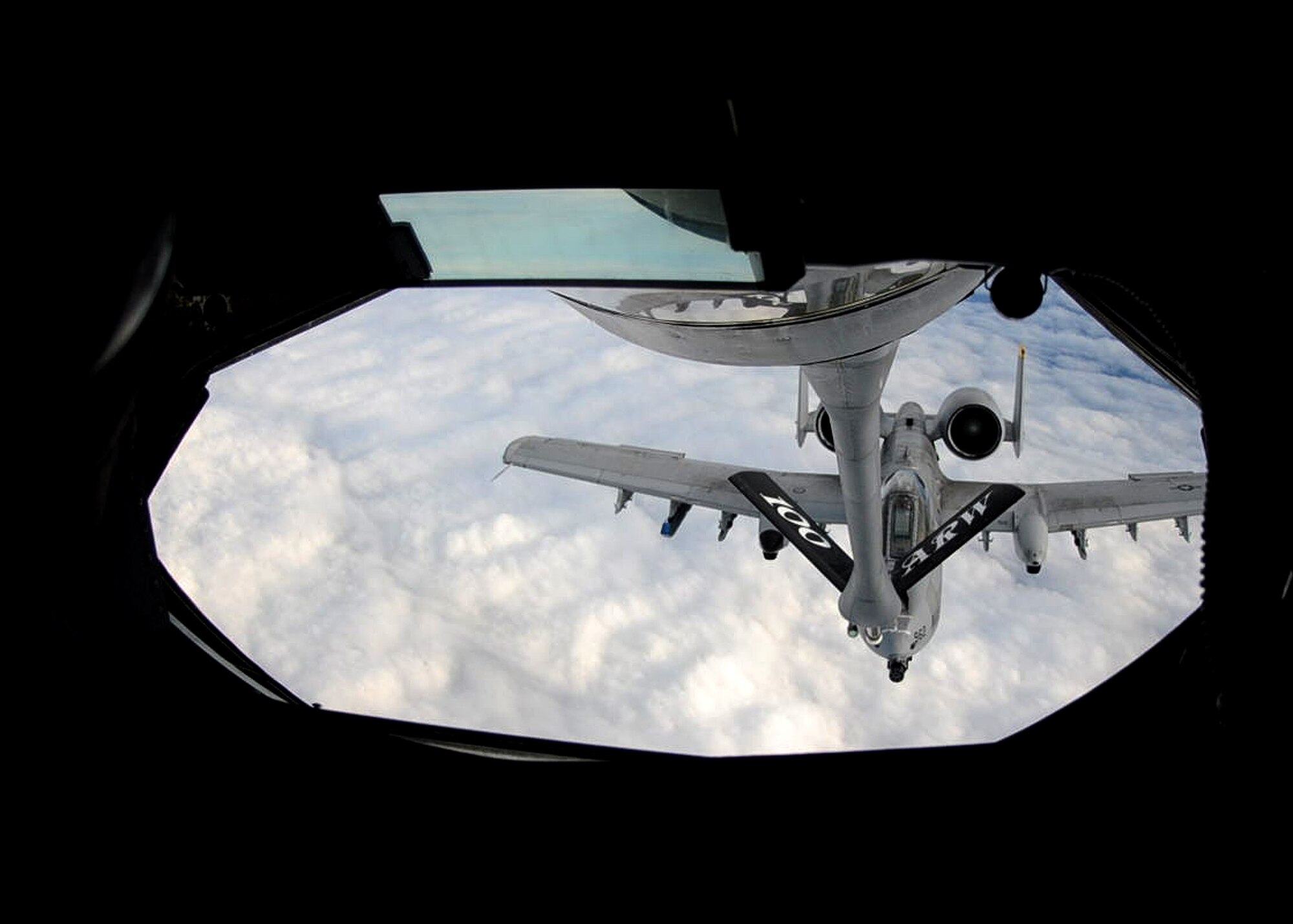 An A-10 Thunderbolt II from Spangdahlem Air Base, Germany, receives fuel from a KC-135 Stratotanker from the 100th Air Refueling Wing, RAF Mildenhall, England, Nov. 8, 2012, over Germany.  The 100th ARW refuels aircraft throughout Europe, Africa and Southwest Asia. (U. S. Air Force photo by Tech. Sgt. Latisha Cole/Released)