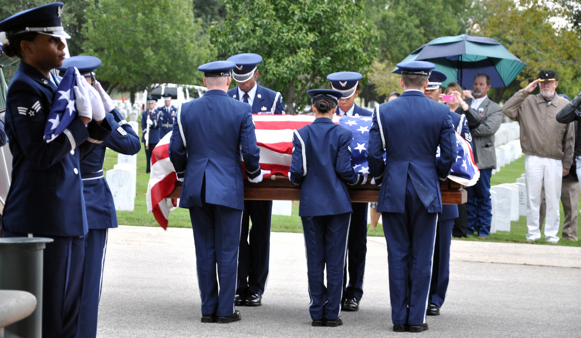 The remains of Airman 1st Class Jerry Mack Wall, whose plane was shot down in Vietnam in 1966, are transferred by the Joint Base San Antonio-Lackland Honor Guard for burial at the JBSA-Fort Sam Houston National Cemetery Oct. 26. (U.S. Air Force photo by Steve Elliott)
