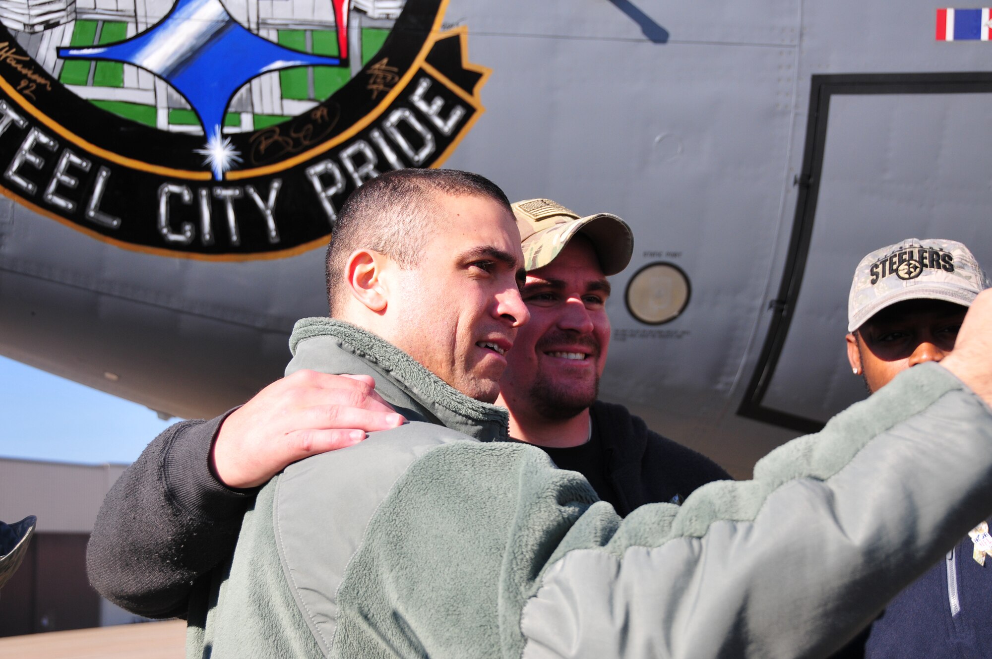 Four players from the Pittsburgh Steelers: Jonathan Dwyer, James Harrison, Brett Keisel and Doug Legursky visit the 171st Air Refueling Wing, November 6.  The visit, part of the "Salute to Service" campaign, is sponsored by the NFL in conjunction with USAA.  The NFL is also paying tribute to the Armed Forces throughout the month of November.  During the visit, the players take time to autograph one of the unit's KC-135 aircraft, Steel City Pride.
	
The Salute to Service campaign aligns with the NFL's long history of supporting America's armed services, including a partnership of more than 45 years with the USO that includes overseas visits to troops and trips to military hospitals nationwide. 

During the Pittsburgh Steelers' November 12 game, the Steelers will honor a veteran from every war, and recognize a local Harrier pilot who was shot down and killed last month over Afghanistan. The Steelers will also recognize their local military community by paying tribute to the service men and women of the 171st Air Refueling Wing. The team is partnering with USAA for a stadium-wide card stunt that features a special military appreciation message during the National Anthem. Fans will be instructed to hold up the card at their seats just before the National Anthem. 

(National Guard photo by Master Sgt. Ann Young/released)
