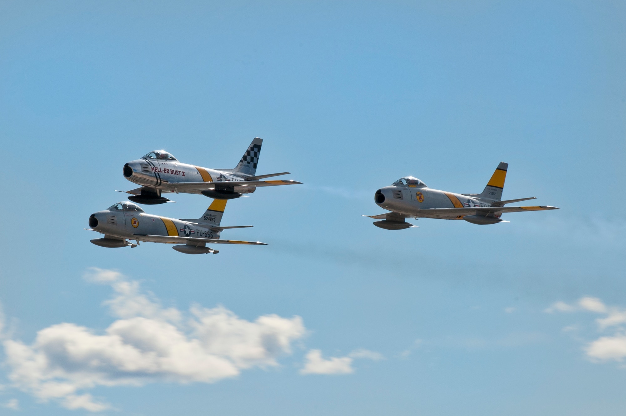 A three ship of F-86 Sabre's flies over the crowd during the annual Aviation Nation open house Nov. 10, 2012, at Nellis Air Force Base, Nev. Aviation Nation is the largest free public event in nevada.(U.S. Air Force photo by Airman 1st Class Jason Couillard) 