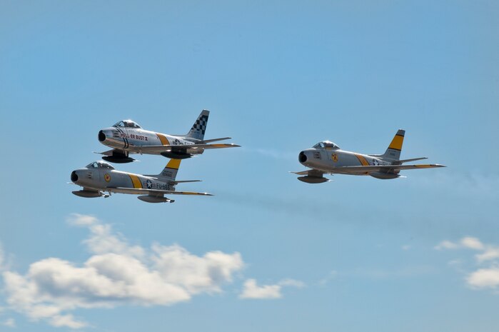 A three ship of F-86 Sabre's flies over the crowd during the annual Aviation Nation open house Nov. 10, 2012, at Nellis Air Force Base, Nev. Aviation Nation is the largest free public event in nevada.(U.S. Air Force photo by Airman 1st Class Jason Couillard) 