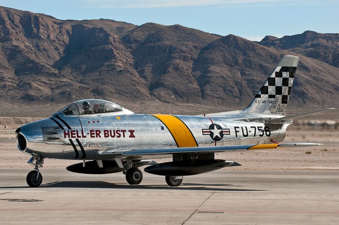 An F-86 Sabre taxis to the runway during the annual Aviation Nation open house Nov. 9, 2012, at Nellis Air Force Base, Nev. The F-86 Sabre was used in the Korean war during high speed dogfights. (U.S. Air Force photo by Airman 1st Class Jason Couillard) 