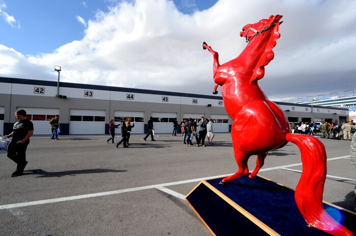 Charlie Horse, 820th RED HORSE Squadron mascot, is displayed during Construction Career Day Nov. 09, 2012, at the Las Vegas Motor Speedway, Nev. The 820th RED HORSE Squadron showcased a variety of fields including: pavements and equipment, emergency management and demolition to inform high school students who are considering a career in construction.  (U.S. Air Force photo by Staff Sgt. William P. Coleman)
  

