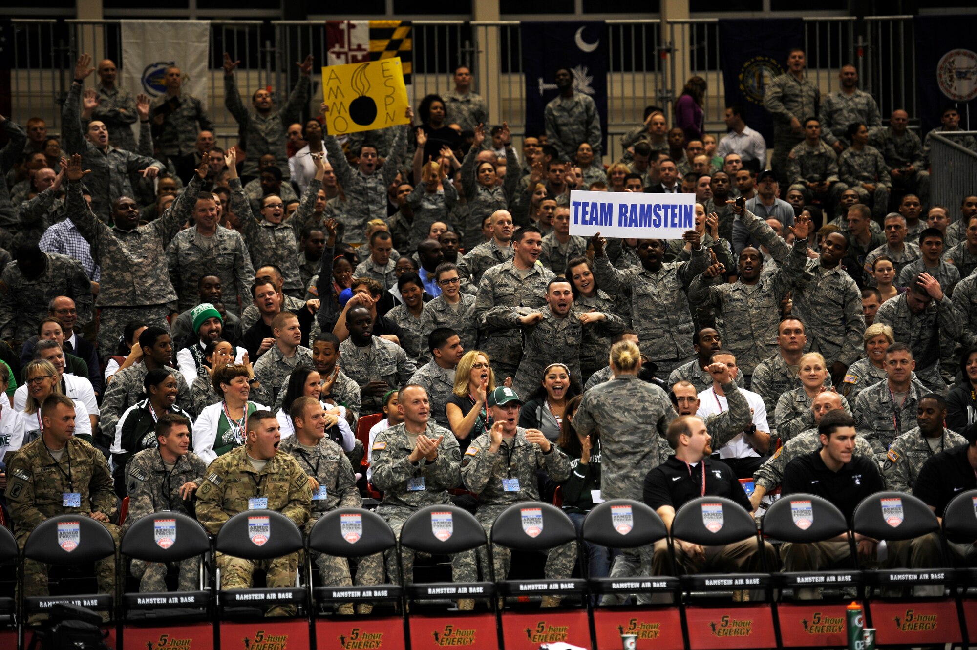 Airmen cheer during the 2012 Armed Forces Classic on Ramstein Air Base, Germany, Nov. 10, 2012. The match-up between Michigan State University and University of Connecticut is part of ESPN's Veteran's week initiative to honor the men and women who have served and are still serving in the U.S. military. (U.S. Air Force photo/Senior Airman Aaron-Forrest Wainwright)