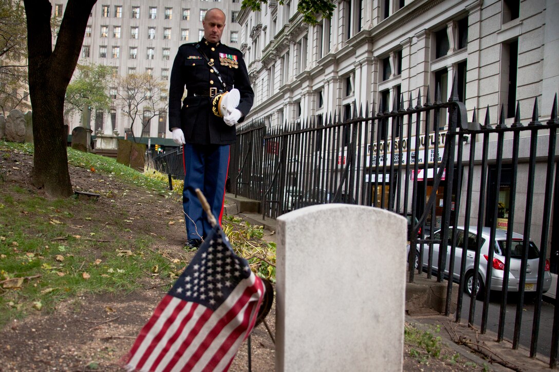 NEW YORK -- Lt. Col. Richard Bordonaro, 6th Communication Battalion, commanding officer, takes a moment of silence in front of Lt. Col. Franklin Wharton's grave. Bordonaro and his Marines placed a wreath to pay tribute to Wharton on the 237th Birthday of the Marine Corps, Nov. 10, 2012.  Wharton was the 3rd Commandant of the Marine Corps. He served from 1798 to 1818 and was the first Commandant to occupy the Commandant's House, Marine Barracks, Washington. He was born in Philadelphia, and now rests at Trinity Church a few blocks away from Wall Street in Manhattan. (Marine Corps production by Sgt. Randall A. Clinton / RELEASED)