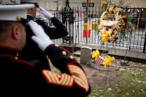 NEW YORK -- Lt. Col. Richard Bordonaro, 6th Communication Battalion, commanding officer, and Sgt. Maj. George Sanchez, salute the graveof Lt. Col. Franklin Wharton's grave. The Marines placed a wreath to pay tribute to Wharton on the 237th Birthday of the Marine Corps, Nov. 10, 2012.  Wharton was the 3rd Commandant of the Marine Corps. He served from 1798 to 1818 and was the first Commandant to occupy the Commandant's House, Marine Barracks, Washington. He was born in Philadelphia, and now rests at Trinity Church a few blocks away from Wall Street in Manhattan. (Marine Corps production by Sgt. Randall A. Clinton / RELEASED)