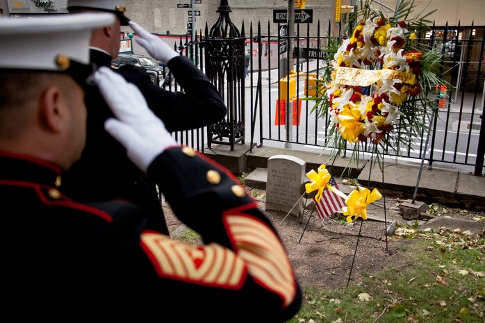 NEW YORK -- Lt. Col. Richard Bordonaro, 6th Communication Battalion, commanding officer, and Sgt. Maj. George Sanchez, salute the graveof Lt. Col. Franklin Wharton's grave. The Marines placed a wreath to pay tribute to Wharton on the 237th Birthday of the Marine Corps, Nov. 10, 2012.  Wharton was the 3rd Commandant of the Marine Corps. He served from 1798 to 1818 and was the first Commandant to occupy the Commandant's House, Marine Barracks, Washington. He was born in Philadelphia, and now rests at Trinity Church a few blocks away from Wall Street in Manhattan. (Marine Corps production by Sgt. Randall A. Clinton / RELEASED)