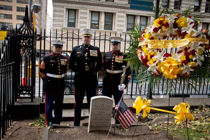 NEW YORK -- Sgt. Maj. George Sanchez, Lt. Col. Richard Bordonaro, and  Sgt. John  Sardine (from left), all from 6th Communication Battalion, stand next to the grave of Lt. Col. Franklin Wharton, 3rd Commandant of the Marine Corps. The Marines placed a wreath to pay tribute to Wharton on the 237th Birthday of the Marine Corps, Nov. 10, 2012. He served from 1798 to 1818 and was the first Commandant to occupy the Commandant's House, Marine Barracks, Washington. He was born in Philadelphia, and now rests at Trinity Church a few blocks away from Wall Street in Manhattan. (Marine Corps production by Sgt. Randall A. Clinton / RELEASED)