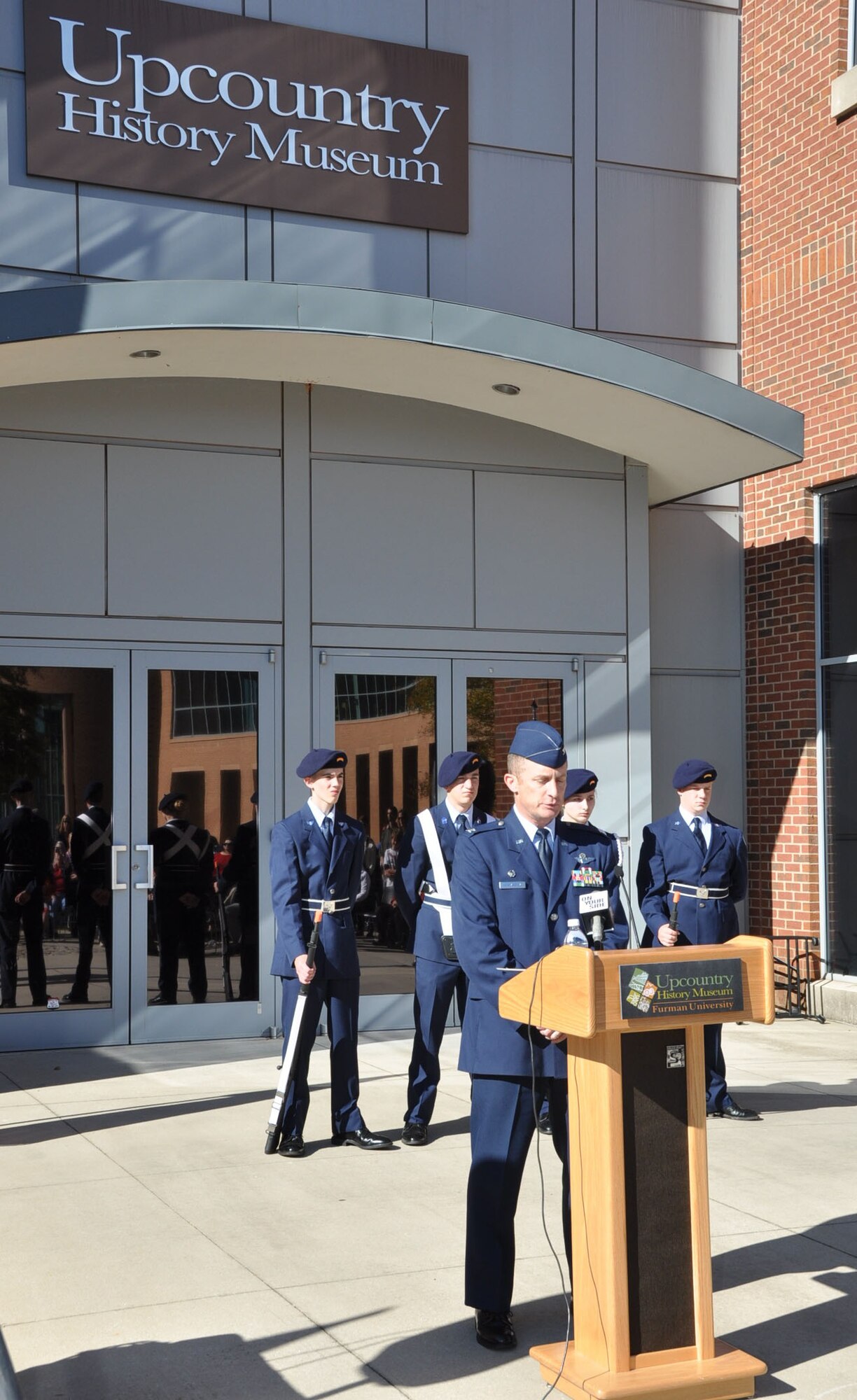 Col. James J. Fontanella, 315th Airlift Wing commander, Joint Base Charleston, S,.C. speaks to attendees at the Veterans Day celebration hosted at the Upcountry History Museum in Greenville, S.C. Saturday Nov. 10, 2012. (U.S. Air Force photo/Senior Airman Bobby Pilch)