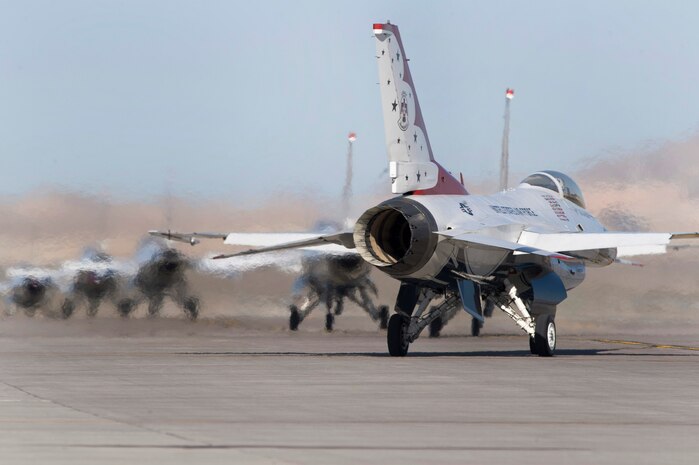 The United States Air Force Air Demonstration Squadron, Thunderbirds, taxi to the runway to take off during Aviation Nation Nov. 11, 2012, at Nellis Air Force Base, Nev. The Thunderbirds have flown in front of more than 390 million people since 1953. (U.S. Air Force Photo by Senior Airman Daniel Hughes)