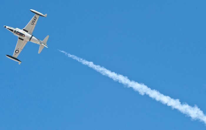 A T-33 Shooting Star performs an aerial demonstration during Aviation Nation at Nellis Air Force Base, Nev. The T-33 serves primarily as a training aircraft and continues to serve as an attack training platform. (U.S. Air Force photo by Staff Sgt. Christopher Hubenthal)