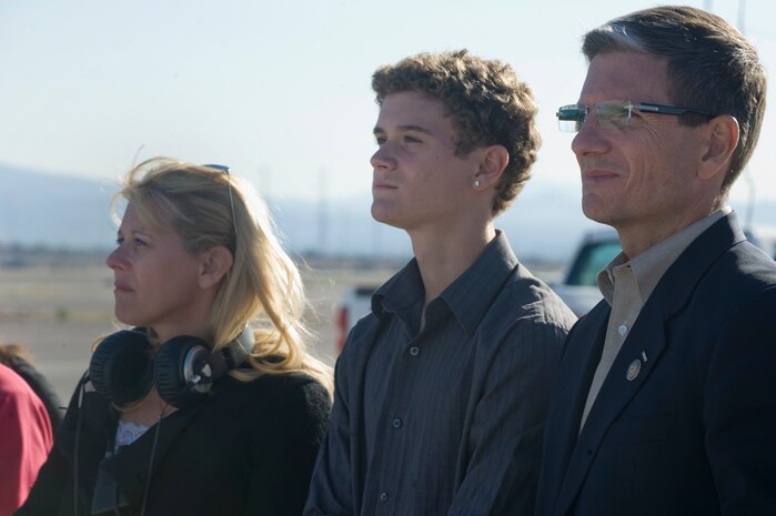 Congressman Joseph Heck Jr., his wife, Lisa Heck, and their son, Joseph Heck III, watch the Thunderbirds perform during the annual Aviation Nation open house Nov. 11, 2012, at Nellis Air Force Base, Nev. Congressman Heck is the U.S. Representative for Nevada's third congressional district. The district includes the cities of Henderson, Boulder City, parts of Las Vegas and North Las Vegas, unincorporated Clark County, and several smaller towns and cities in the Southern Nevada region. (U.S. Air Force photo by Senior Airman Matthew Lancaster)