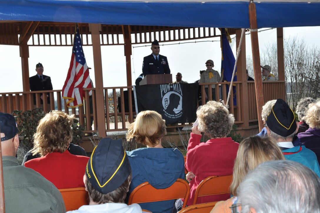 Chief Master Sgt. Michael Zimmerman, 328th Airlift Squadron, speaks to an assembled  crowd during a Veterans Day ceremony in the Town of Cambria, N.Y. November 11, 2012.  Chief Zimmerman was the featured speaker for this event that also included a flag fold ceremony performed by members of the Niagara Falls Air Base Honor Guard.  (U.S. Air Force photo by Master Sgt. Kevin Nichols)