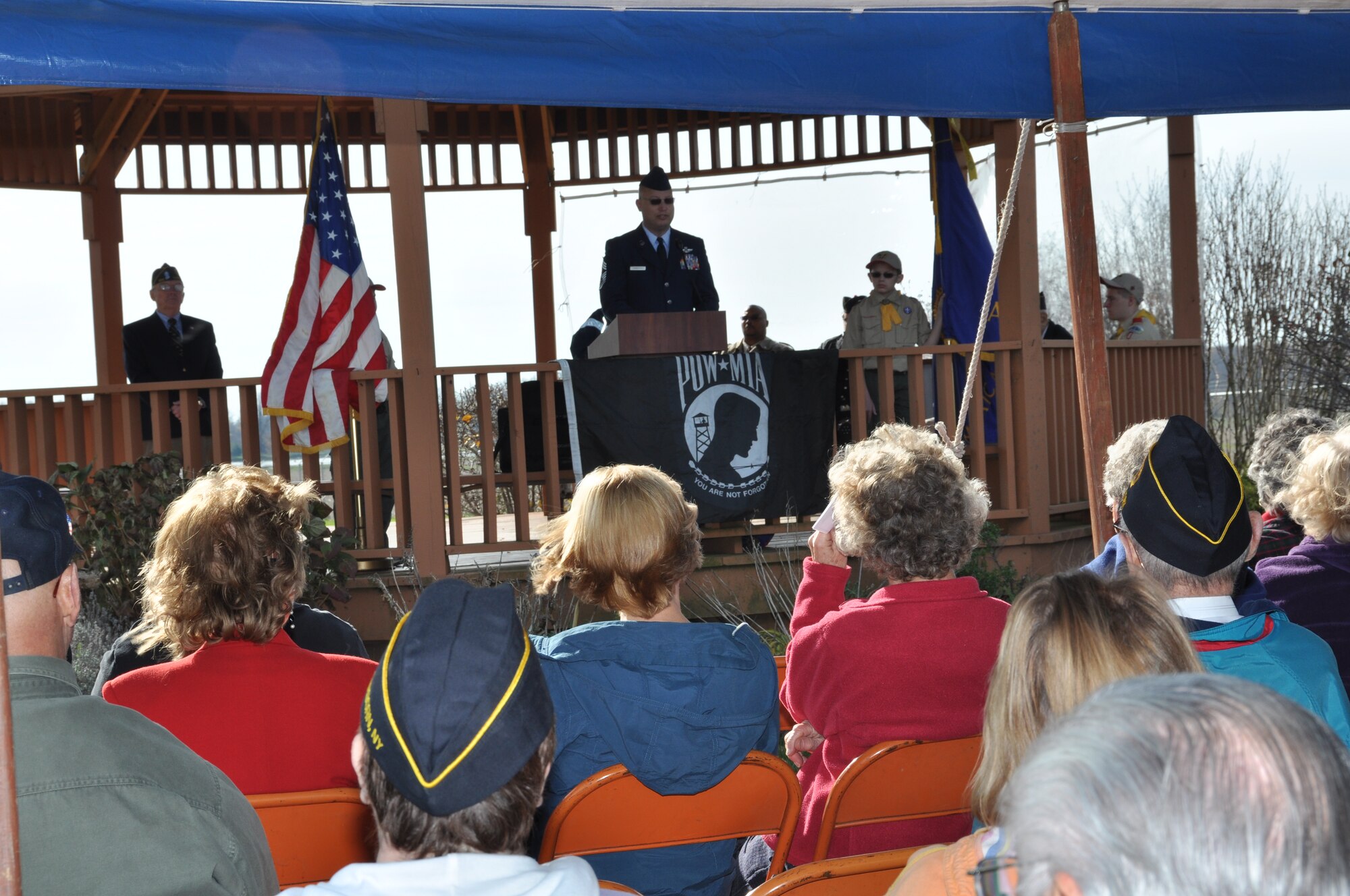 Chief Master Sgt. Michael Zimmerman, 328th Airlift Squadron, speaks to an assembled  crowd during a Veterans Day ceremony in the Town of Cambria, N.Y. November 11, 2012.  Chief Zimmerman was the featured speaker for this event that also included a flag fold ceremony performed by members of the Niagara Falls Air Base Honor Guard.  (U.S. Air Force photo by Master Sgt. Kevin Nichols)