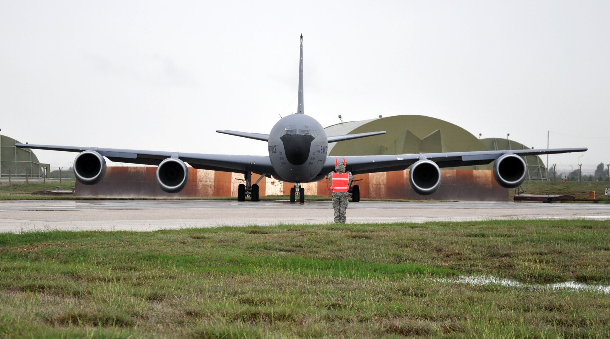 A KC-135 Stratotanker prepares to taxi for takeoff from Incirlik Air Base, Turkey, Nov. 10, 2012. The tanker is assigned to the 90th Expeditionary Air Refueling Squadron and is operated and maintained by Air Force Reservists from the 931st Air Refueling Group, McConnell Air Force Base, Kan. (U.S. Air Force photo by 1st Lt. Zach Anderson)