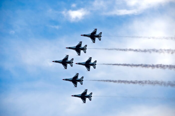 The United States Air Force Air Demonstration Squadron Thunderbirds, perform a delta formation pass during the annual Aviation Nation open house Nov. 10, 2012, at Nellis Air Force Base, Nev. The Thunderbirds always have their last show of the season at Nellis AFB. (U.S. Air Force photo by Airman 1st Class Christopher Tam) 