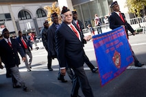 NEW YORK -- Montford Point Marine veterans march in the the annual New York Veterans Day parade, here, Nov. 11.  The Montford Point Marines were the first black Americans allowed to serve in the Marine Corps beginning in 1942. The parade is hosted by the United War Veterans Council, Inc. on behalf of the City of New York. It is the oldest and largest of its kind in the nation. Since November 11, 1919, the parade has provided an opportunity for Americans and International visitors to honor those who have served in the nation’s largest city. (Official Marine Corps photo by Cpl. Daniel A. Wulz)