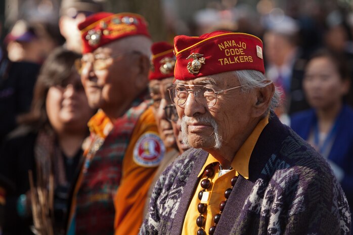 NEW YORK -- A Navajo code talker veteran watches the opening ceremony for the 93rd Anniversary of The New York City Veterans Day Parade, here, Nov. 11. The parade is hosted by the United War Veterans Council, Inc. on behalf of the City of New York. It is the oldest and largest of its kind in the nation. Since November 11, 1919, the parade has provided an opportunity for Americans and International visitors to honor those who have served in the nation’s largest city. (Official Marine Corps photo by Cpl. Bryan Nygaard)